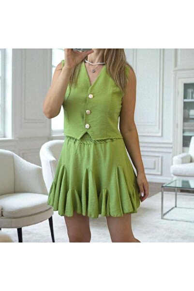 GLAMSI Set din vascoza cu vesta si fusta clos cu pantaloni scurti XS S M