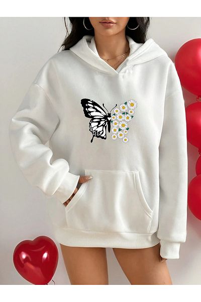 uyguntarz Daisy Butterfly Printed Oversize Sweatshirt