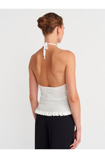 Dilvin 10796 Halter Tie Collar Ruffle Textured Knitwear Blouse-Ecru
