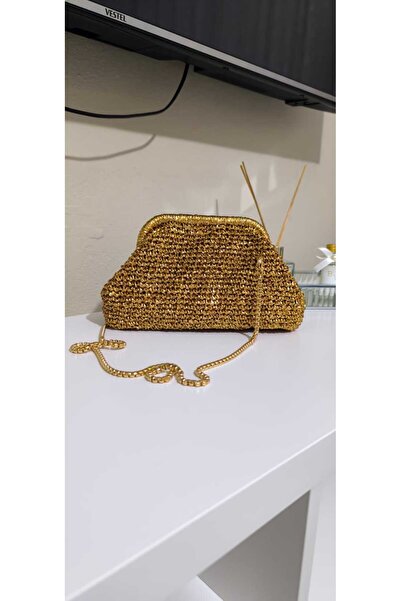 Knittingworld Hasır çanta, clutch çanta, metalik çanta, parlak çanta, şık çan...