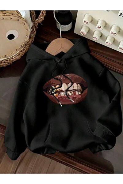 FUFLUNS سويت شيرت بقلنسوة كبير الحجم للجنسين مطبوع عليه شفاه