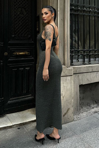 VAGGON Kadın ANTRASİT Ön Arka V Yaka Askılı Maxi Boy Elbise VS00754