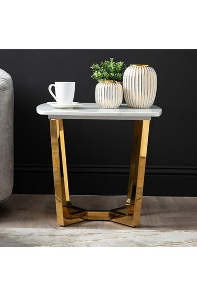 Vanity Living طاولة جانبية لأثاث غرفة المعيشة، طاولة نهاية علوية من حجر الرخام الأبيض الصناعي، ناعمة