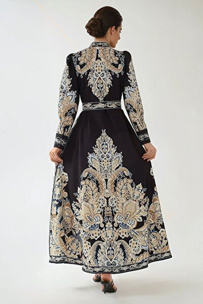 Hiccup Baskılı Uzun Kol Kemerli Modest Elbise