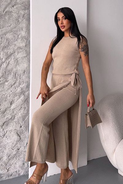 VAGGON Crew Neck Sleeveless Blouse and Skirt Look Pants Knitwear Set