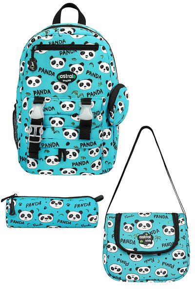 max point Girl's School Bag Set of 3 – Turquoise Panda Patterned Backpack + Lunchbox + Pen Holder