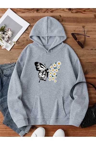 uyguntarz Daisy Butterfly Printed Oversize Sweatshirt