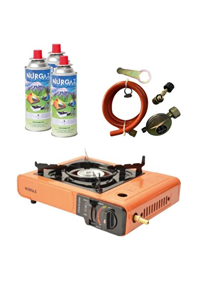 NURGAZ Tekli Portatif Ocak Tüp Girişli Turuncu+Dedantör Set+220Gr 3 Adet