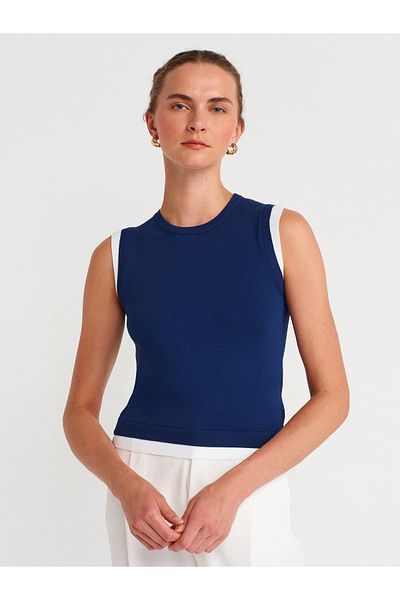 Dilvin 10784 Crew Neck Couple Look Knitwear Blouse-Navy-White