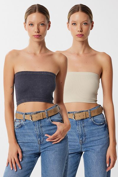 Lovelyİstanbul Strapless Ribbed Knitted 2 Pack Bustier Lub0211 Stone Anthracite