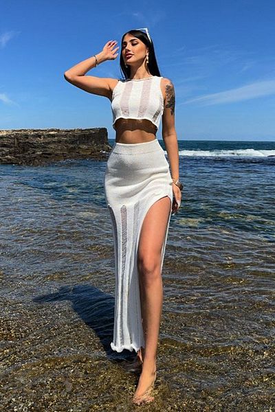 VAGGON Vintage Sleeveless Crop Blouse and Midi Length Skirt Set with Elastic Waist