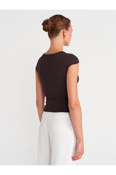 Dilvin 31887 Button Short Sleeve Top-Dark Brown