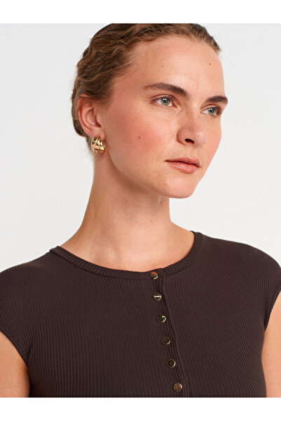 Dilvin 31887 Κοντομάνικο μπλουζάκι με κουμπιά-Σκούρο καφέ