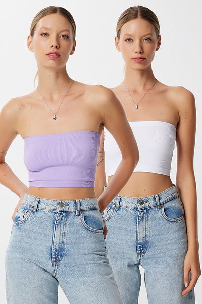 Lovelyİstanbul Strapless Ribbed Knitted 2 Pack Bustier Lub0211 Lila White