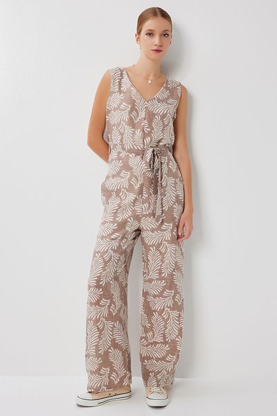 Lovelyİstanbul Patterned Belted Summer Knitted Jumpsuit Lff0038 Brown