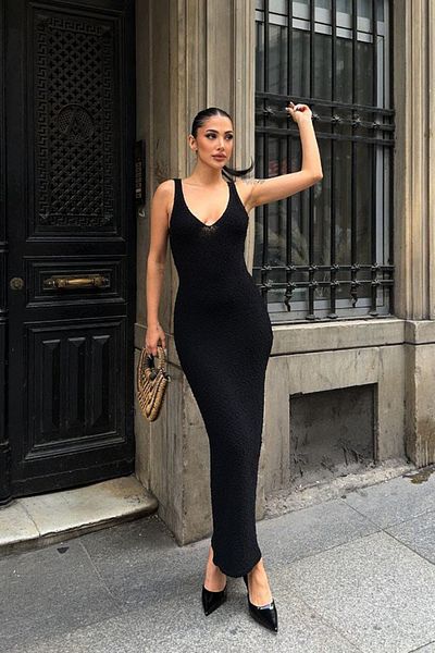 VAGGON Front Back V Neck Strap Maxi Length Dress