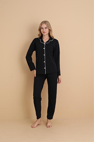 STELLAPİNK Kadın Siyah Düğmeli Uzun Kollu Pamuklu Pijama Takımı