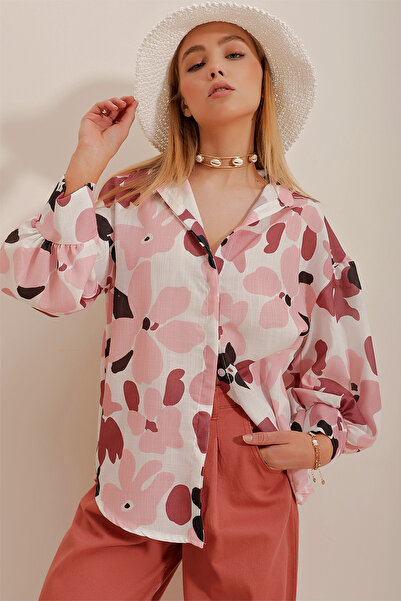 VAGGON Women's Tile Princess Ethnic Patterned Flared Linen Woven Shirt Vgn-X10398