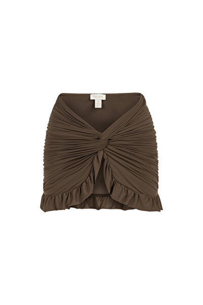 TIME MUSE Carrie Knot Detailed Mole Coffee Ruffle Skirt