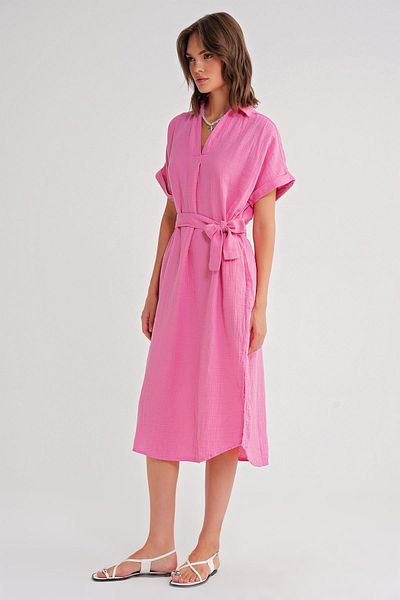 Mixray 4720 Women's Pleat Detailed Tie-Up V-Neck Muslin Dress Pink