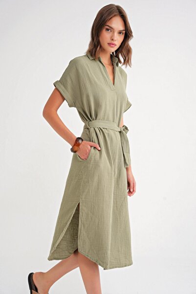 Mixray 4720 Kadın Pile Detaylı Bağlamalı V Yaka Müslin Elbise Haki