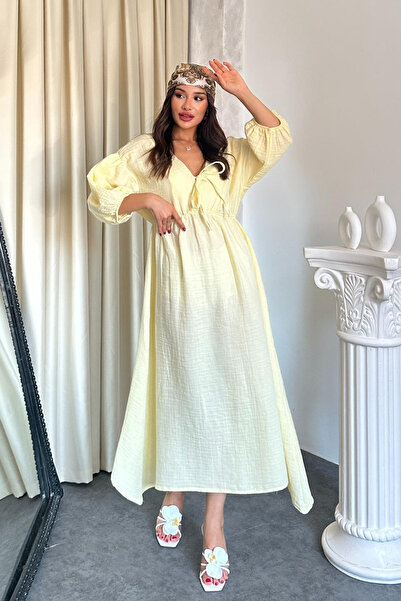 TREND KOMBİN فستان نسائي من الموسلين برقبة على شكل حرف V