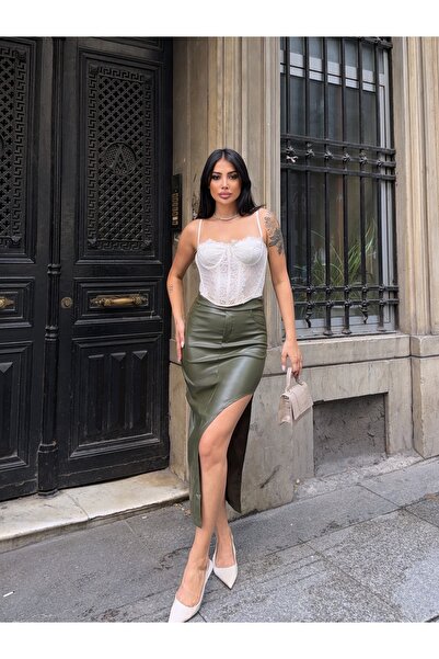 CARLA MARA Yırtmaç Detay Deri Etek