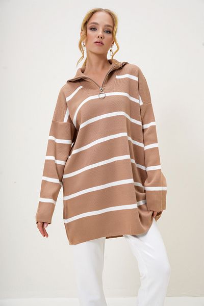 VAGGON Women's Biscuit Fisherman Collar Zipper Detail Striped Knitwear Tunic Prmx12985