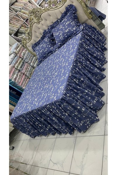 AHSEN TASARIM Double Fitted Sheet with Ruffled Skirt, 2 Ruffled Pillowcases and Pique