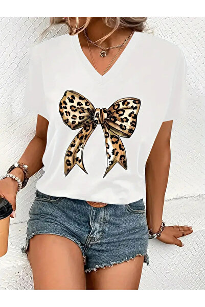 haha Tricou de damă cu decolteu în V și imprimeu cu fundă cu model leopard
