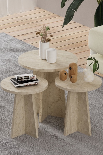 HMC DECOR 3'Lü Mantar Zigon İskandinav Stili Sehpa Takımı Traverten