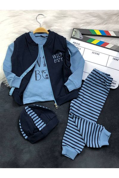 KGN GİYİM Baby Boy 3-Piece Vest Bottom Top Set Hat Gift