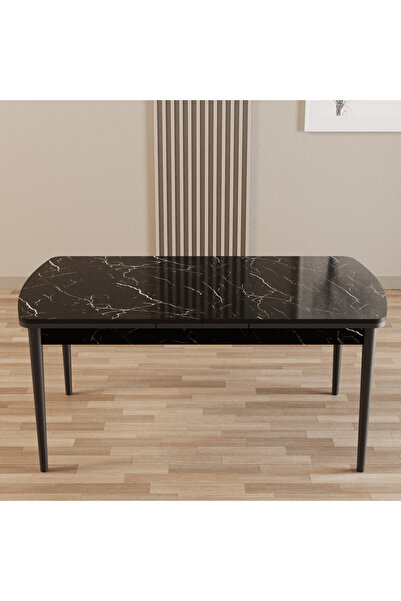 SHOOVVEL Merona Siyah Mermer 80X132 MDF Ahşap Ayaklı Açılır Mutfak Masası, Yemek Masası, Salon Masası