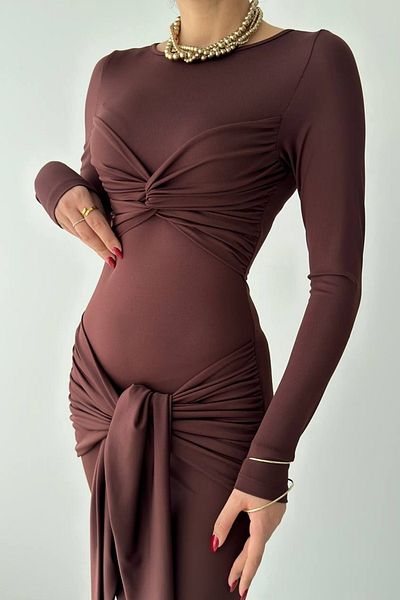 barış sülün lovebox Women's Stretchy Sandy Fabric Gathered and Tie Waist Belt Design Midi Brown Dress 311
