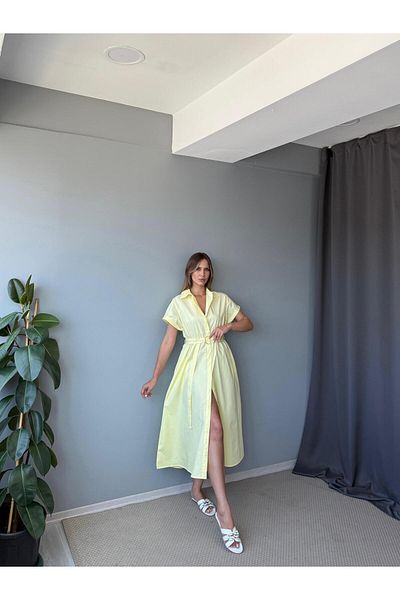 AlisaSu Yellow Short Sleeve Poplin Fabric Shirt Dress with Belt