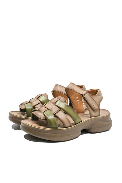 FORMAZIONE Women's Sandals Braided Straps, Brown and Green, Leather