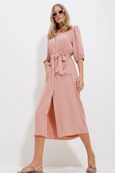 VAGGON Women's Powder Double Pocket Watermelon Sleeved Aerobin Shirt Dress Prmx11647