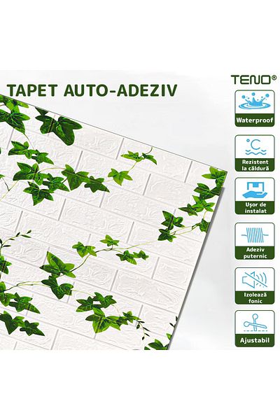 Teno Set 10x Tapet Caramida 3D Teno1090, model Iedera, suprafata acoperire 4.9 mp, 70x70 cm, alb