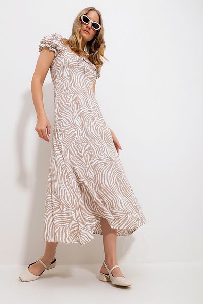 VAGGON Women's Beige Square Collar Flower Patterned Woven Dress Prmx11735