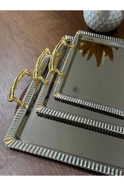 aljahwari Serving Tray Set of 3 Sizes, Nickel on Gold
