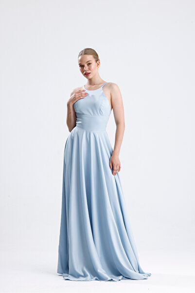 Tangül&Ali'S Moda Evi Halter Yaka Bebe Mavisi Maxi Saten Elbise