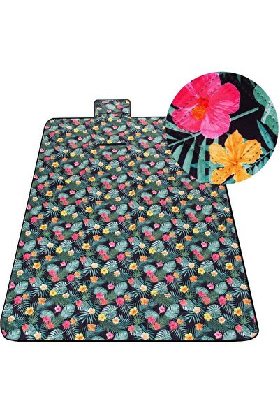 SERSIMO Picnic or beach blanket, with insulating foil and handle, 150x200cm, black floral