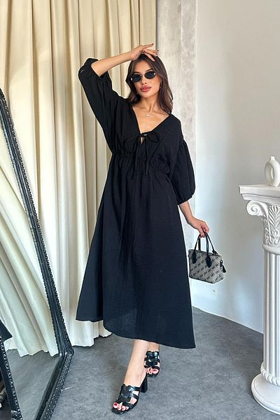 TREND KOMBİN Women's V-Neck Tie-Up Muslin Dress
