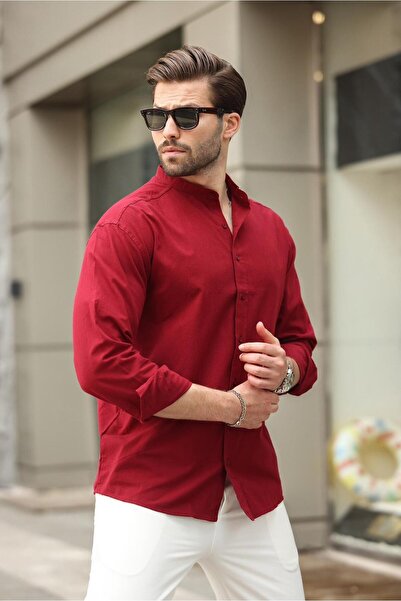 Madmext Bordo Hakim Yaka Keten Görünümlü Pamuklu Uzun Kollu Erkek Gömlek 6745