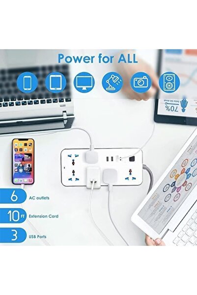 Generic سلك تمديد الطاقة Smart-Center 6 منافذ، محول قابس الطاقة العالمي مع 6 مقابس