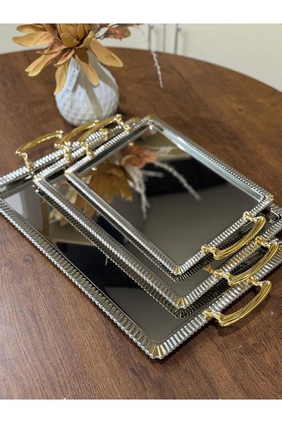 aljahwari Serving Tray Set of 3 Sizes, Nickel on Gold