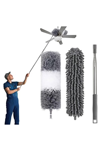 SOHO Cleaning Set with Telescopic Handle and 2 Microfiber Accessories, Gray