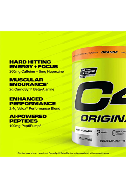 Cellucor C4 Original Pre Workout Zero Sugar, Beta-Alanine, Vitamin C, Orange Burst - 30 Servings