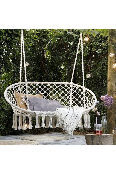 SERSIMO Double hanging swing chair for home or garden, Sersimo, with fringes, beige