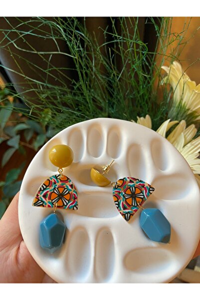 Anetta Jewelry Mavi-sari desenli sallantılı çelik kadın küpe